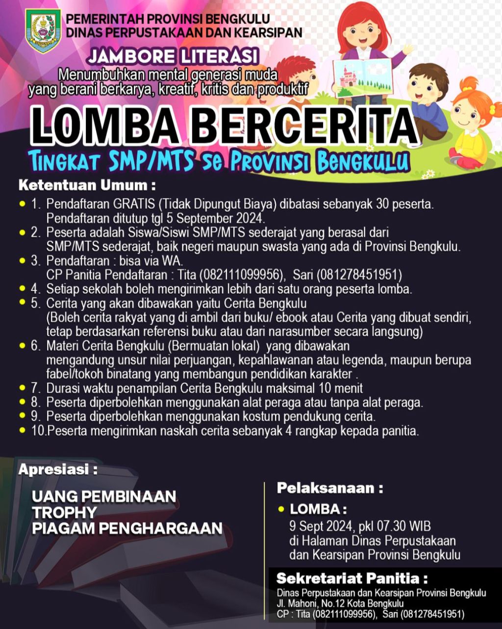 Kepala Dinas Perpustakaan dan Kearsipan Provinsi Bengkulu Ajak Masyarakat Ikuti Lomba Bercerita dalam Jambore Literasi&nbsp;2024